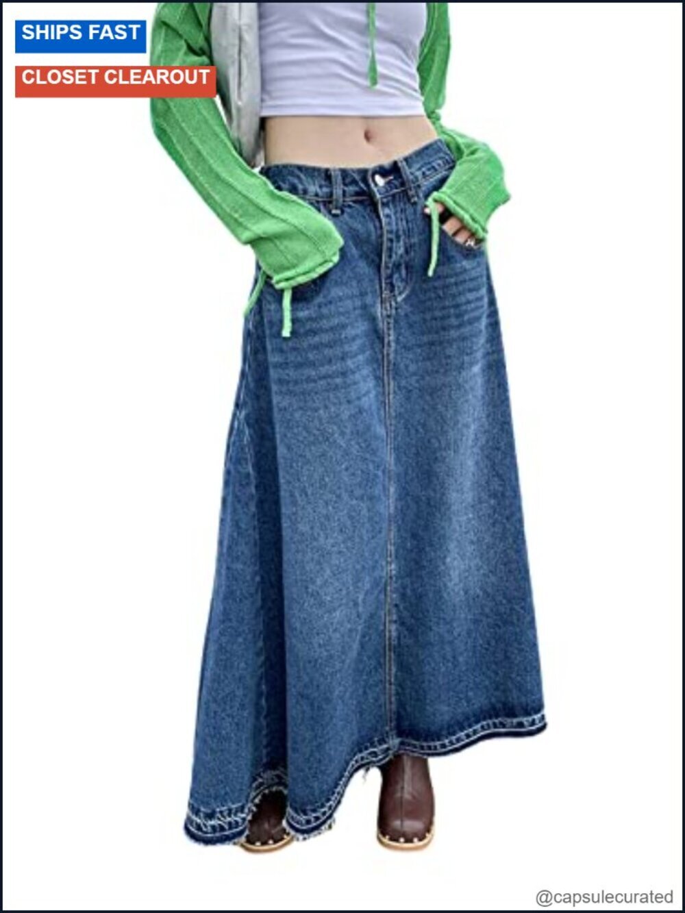 High Waist A-Line Maxi Raw Hem Denim Jean Skirt